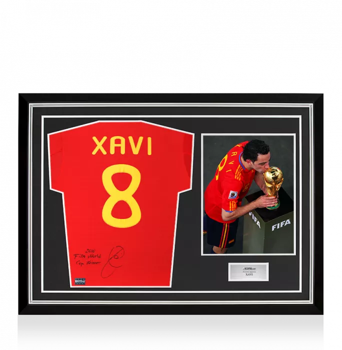 Xavi Back Signed Spain 2010 Home Shirt - "2010 FIFA World Cup Winner" Inscription In Hero Frame: Option 1