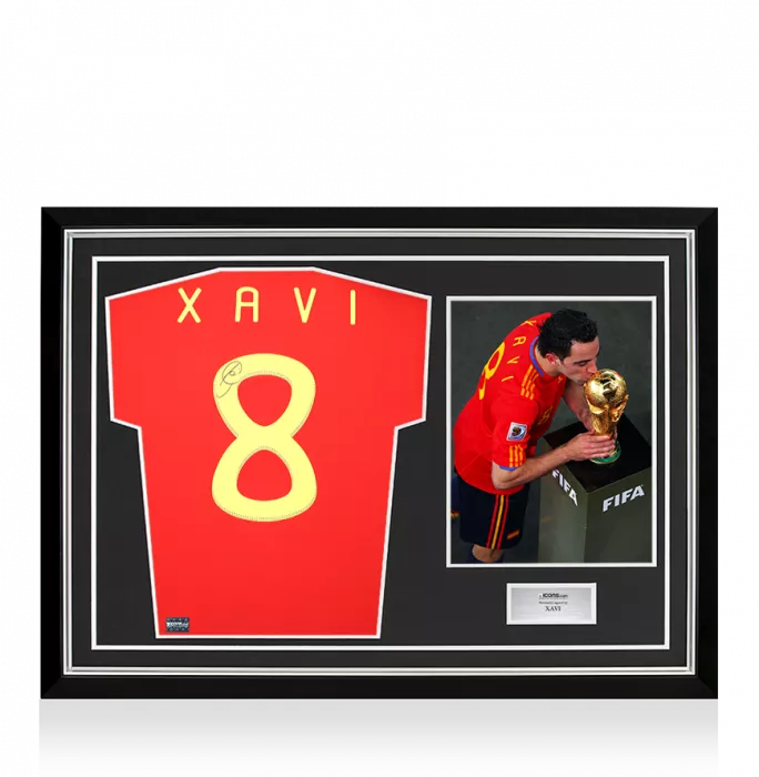 Xavi Back Signed Spain 2010 Home Shirt In Hero Frame: Option 1