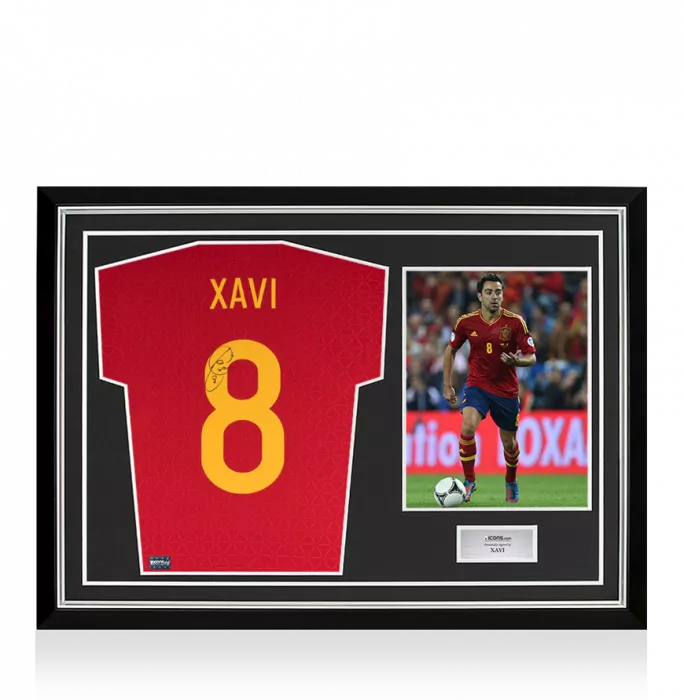 Xavi Back Signed Spain 2016-17 Home Shirt In Hero Frame: Option 1