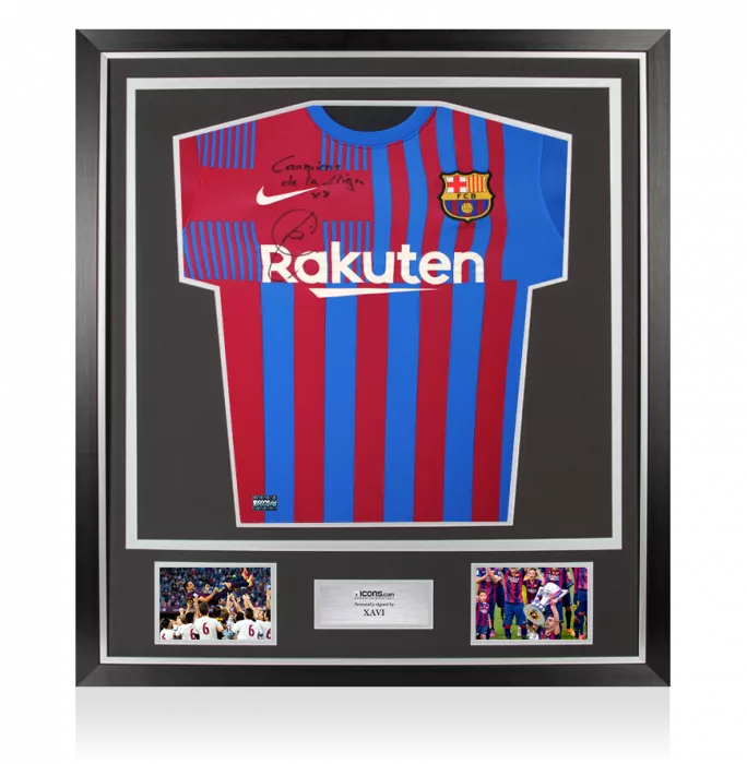 Xavi Front Signed FC Barcelona 2021-22 Home Shirt - "Campions De La Liga x8" Inscription In Classic Frame