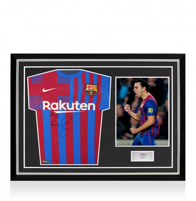 Xavi Front Signed FC Barcelona 2021-22 Home Shirt - "Made In La Masia" Inscription In Hero Frame: Option 1