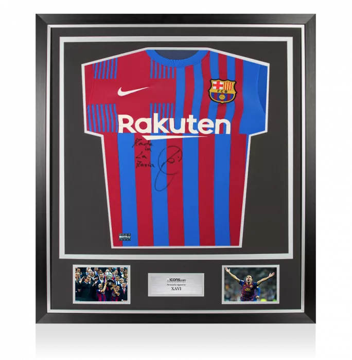 Xavi Front Signed FC Barcelona 2021-22 Home Shirt - "Made In La Masia" Inscription In Classic Frame