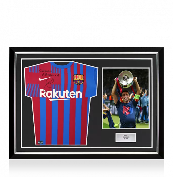 Xavi Front Signed FC Barcelona 2021-22 Home Shirt - "Campions d'Europa x4" Inscription In Hero Frame: Option 1