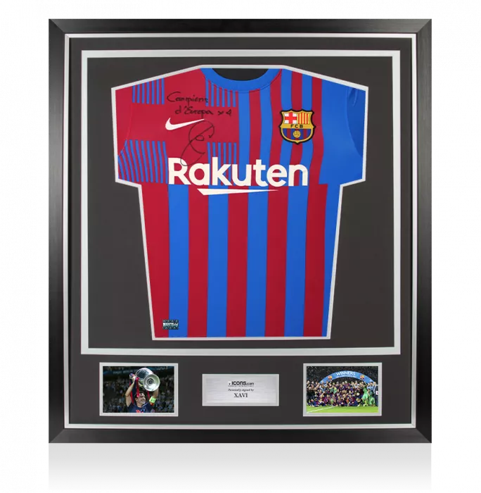Xavi Front Signed FC Barcelona 2021-22 Home Shirt - "Campions d'Europa x4" Inscription In Classic Frame