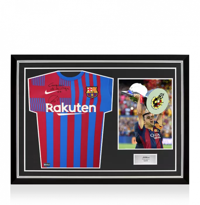 Xavi Front Signed FC Barcelona 2021-22 Home Shirt - "Campions De La Liga x8" Inscription In Hero Frame: Option 1