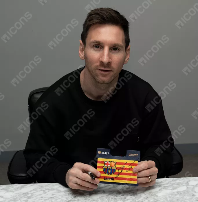Xavi & Lionel Messi Official FC Barcelona Signed And Framed Branded Captain's Armband