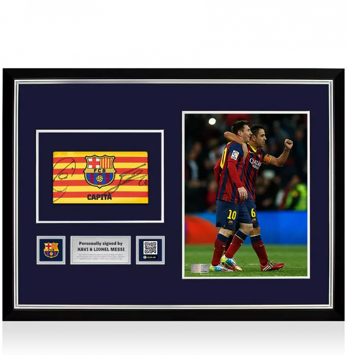 Xavi & Lionel Messi Official FC Barcelona Signed and Framed Branded Captain's Armband