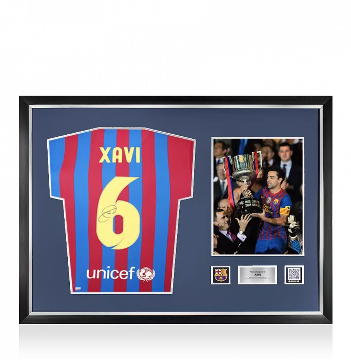 Xavi Official FC Barcelona Back Signed and Framed 2021-22 Home Shirt with Fan Style Number