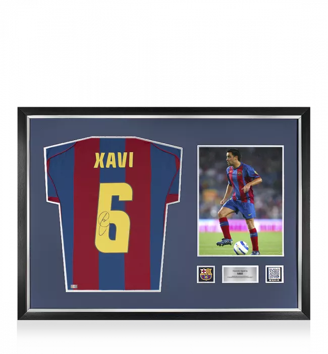 Xavi Official FC Barcelona Back Signed and Framed 2004-05 Home Shirt Fan Style With Fan Style Number