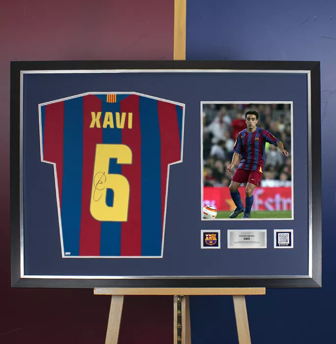 Xavi Official FC Barcelona Back Signed And Framed 2005-06 Home Shirt Fan Style With Fan Style Number
