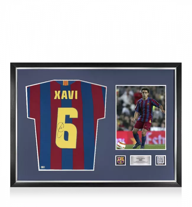Xavi Official FC Barcelona Back Signed and Framed 2005-06 Home Shirt Fan Style With Fan Style Number
