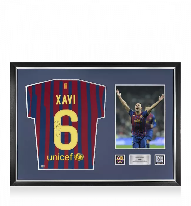 Xavi Official FC Barcelona Back Signed and Framed 2011-12 Home Shirt With Fan Style Number