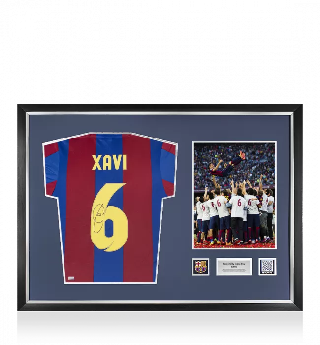 Xavi Official FC Barcelona Back Signed and Framed Retro Home Shirt With Fan Style Number