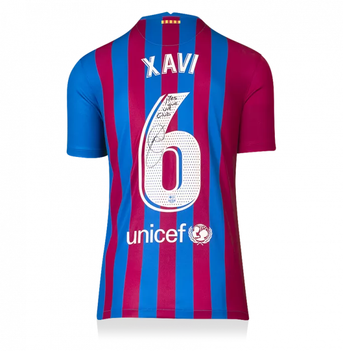 Xavi Official FC Barcelona Back Signed And Framed 2021-22 Home Shirt: 'Mes Que Un Club' Special Edition