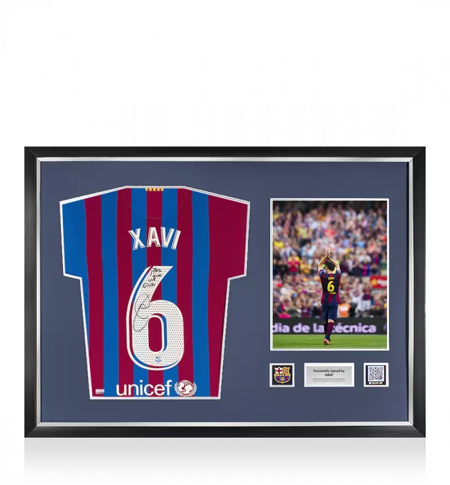 Xavi Official FC Barcelona Back Signed and Framed 2021-22 Home Shirt: 'Mes Que Un Club' Special Edition