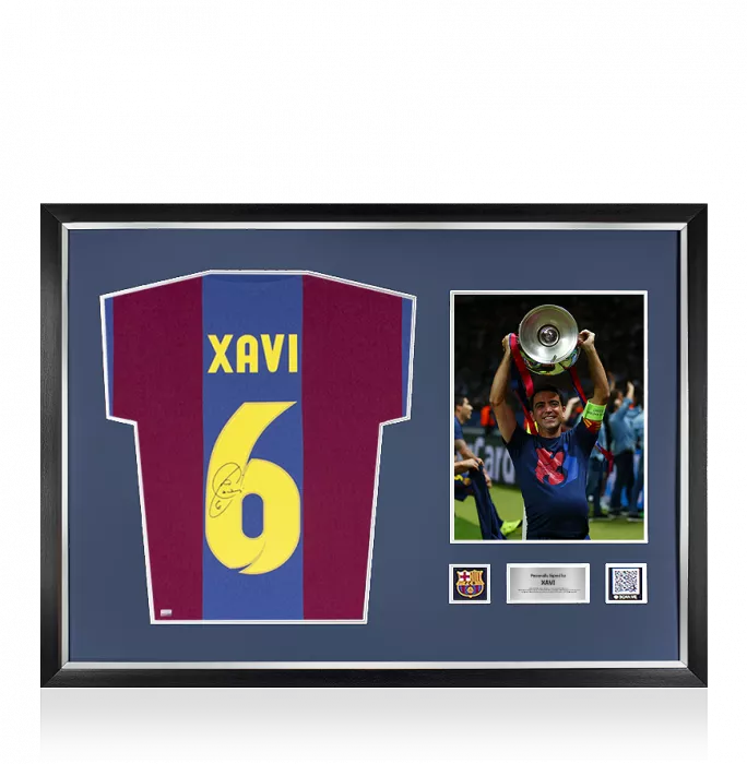 Xavi Official FC Barcelona Back Signed And Framed Retro Home Shirt