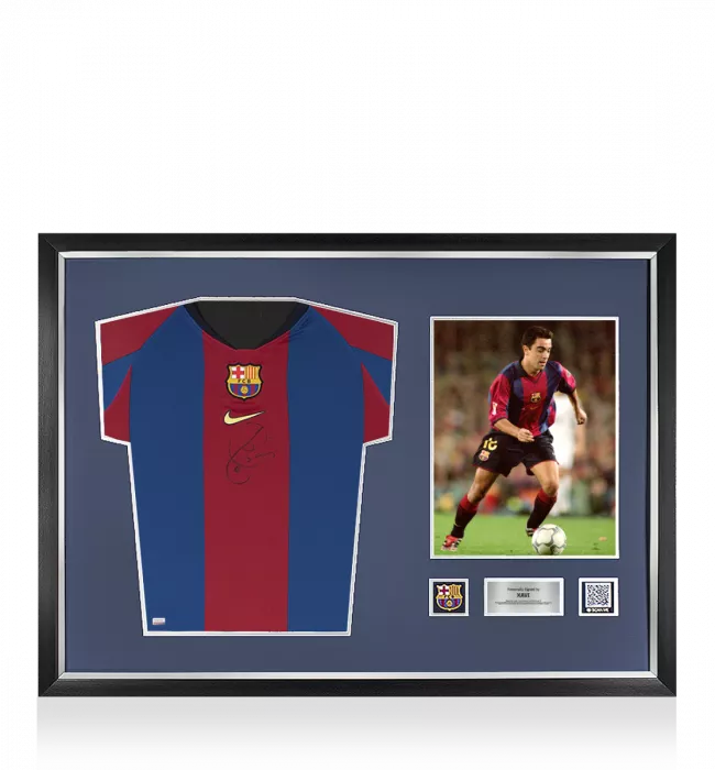 Xavi Official FC Barcelona Front Signed And Framed 1998 Home Shirt