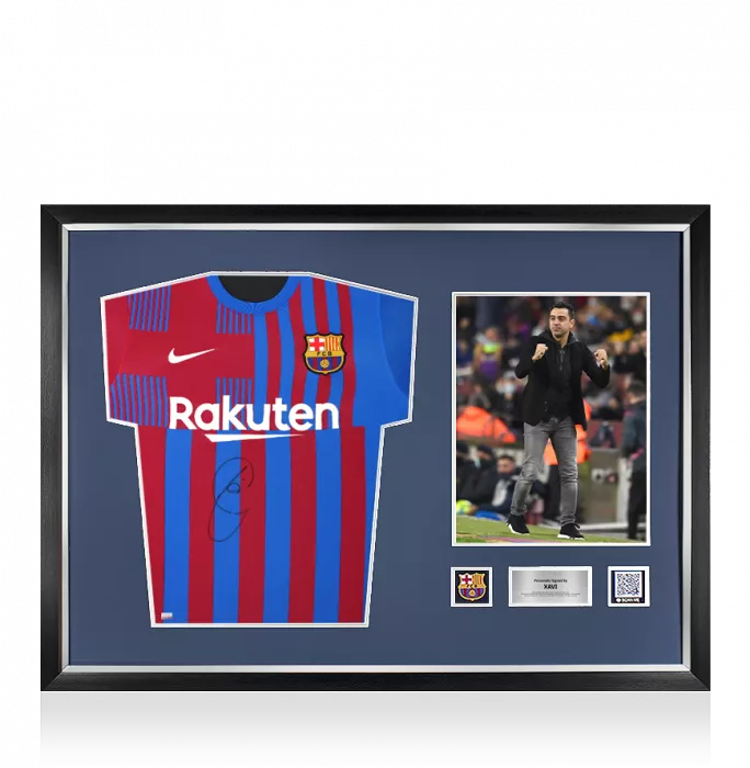 Xavi Official FC Barcelona Front Signed and Framed 2021-22 Home Shirt