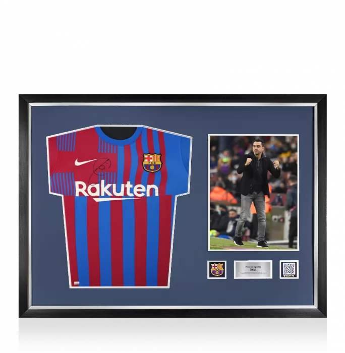 Xavi Official FC Barcelona Front Signed and Framed 2021-22 Home Shirt