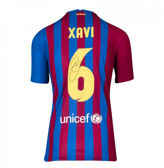 Xavi Official FC Barcelona Signed And Framed 2021-22 Home Shirt With Fan Style Number