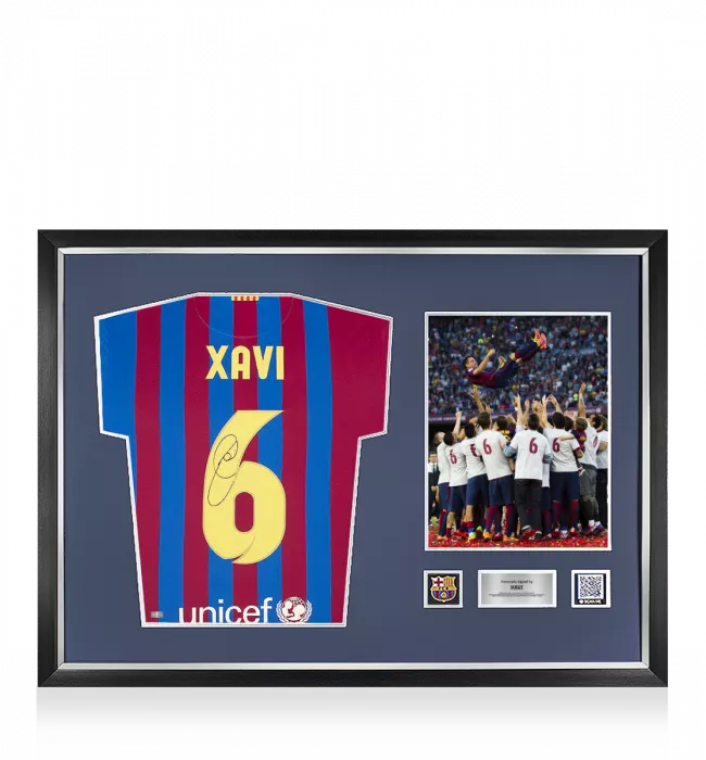 Xavi Official FC Barcelona Signed and Framed 2021-22 Home Shirt With Fan Style Number