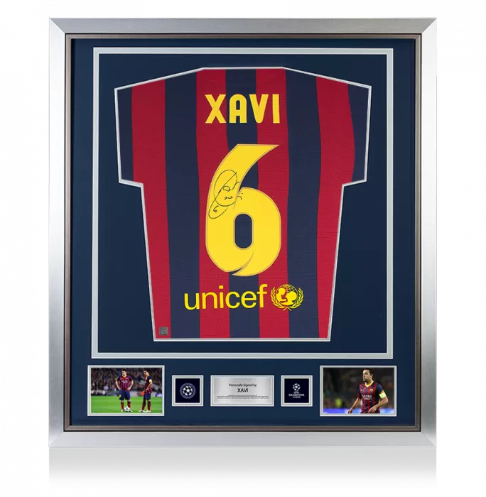 Xavi Official UEFA Champions League Back Signed and Framed FC Barcelona 2013-14 Home Shirt
