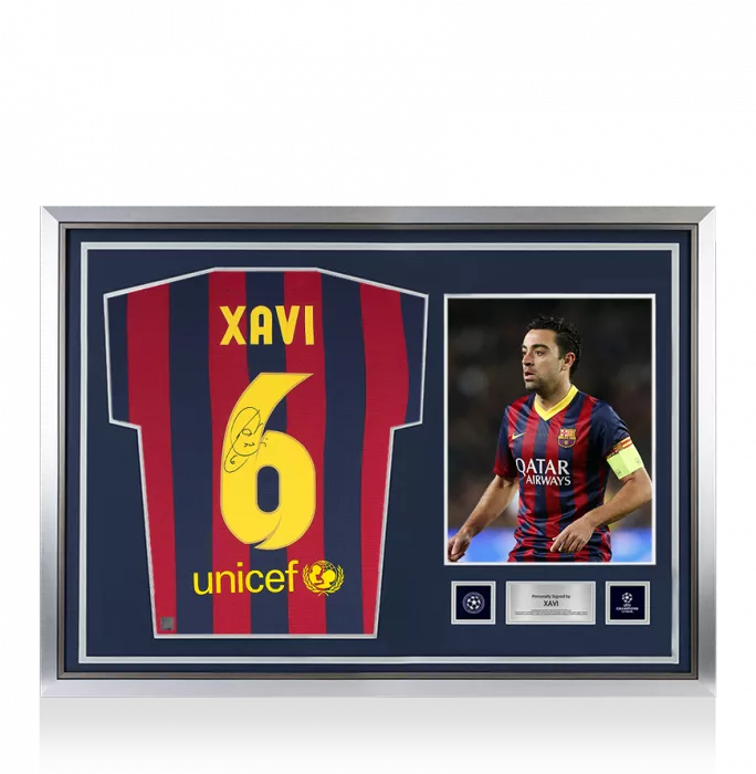 Xavi Official UEFA Champions League Back Signed and Hero Framed FC Barcelona 2013-14 Home Shirt