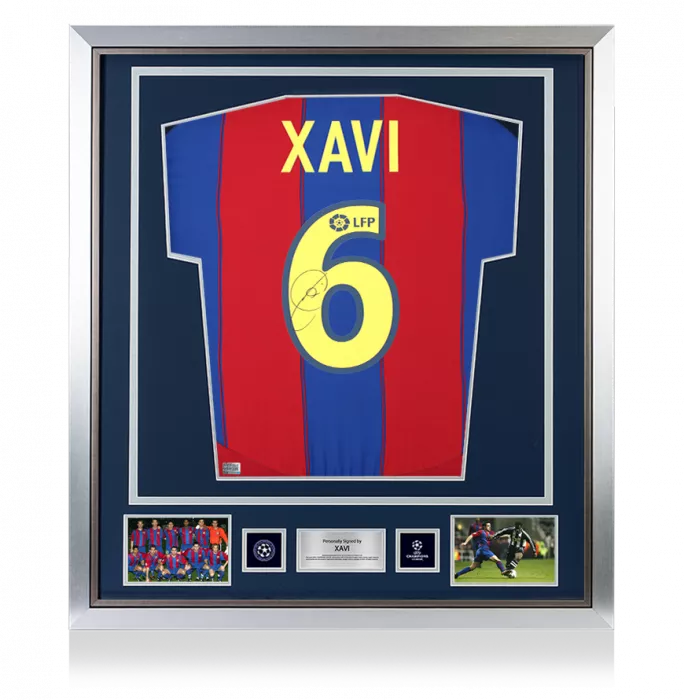 Xavi Official UEFA Champions League Back Signed and Framed FC Barcelona 2003-04 Home Shirt