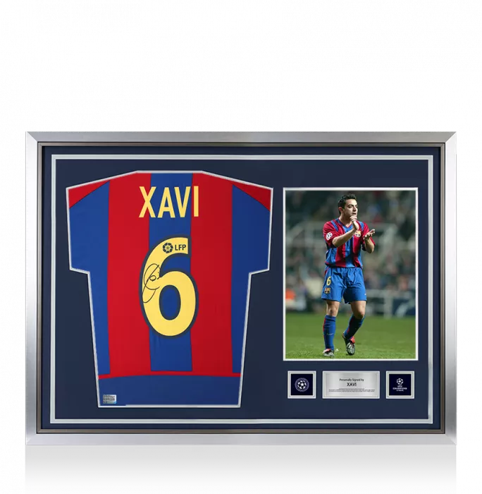 Xavi Official UEFA Champions League Back Signed and Hero Framed FC Barcelona 2002-03 Home Shirt