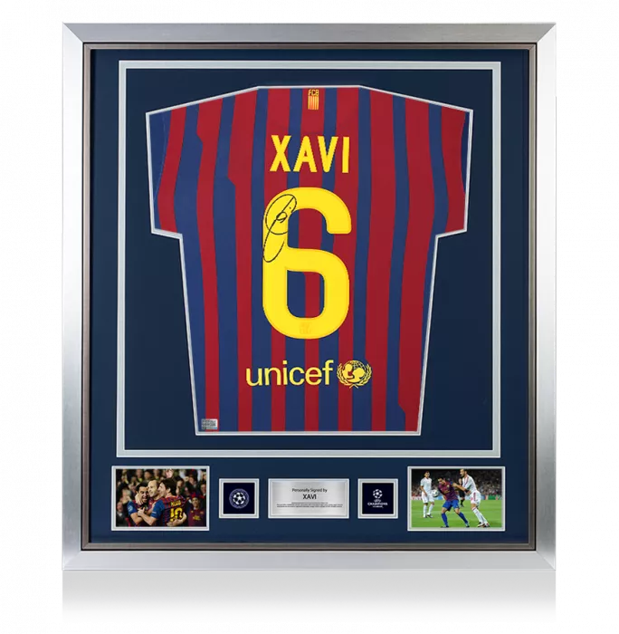 Xavi Official UEFA Champions League Back Signed and Framed FC Barcelona 2011-12 Home Shirt