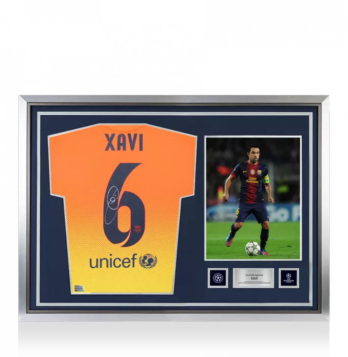 Xavi Official UEFA Champions League Back Signed and Hero Framed FC Barcelona 2012-13 Away Shirt