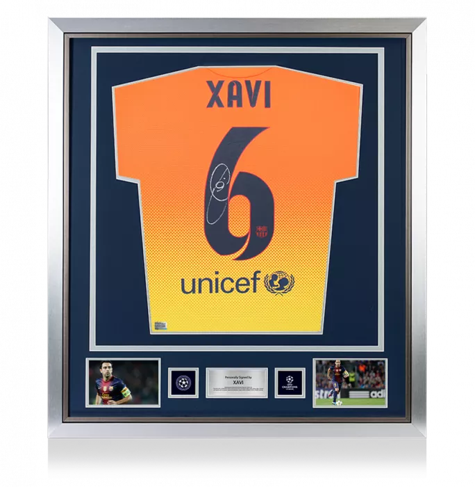 Xavi Official UEFA Champions League Back Signed and Framed FC Barcelona 2012-13 Away Shirt