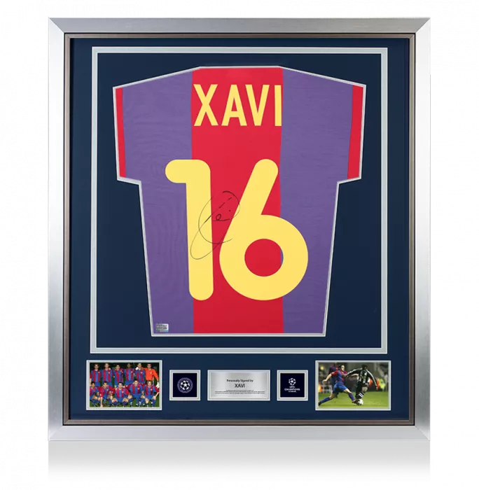 Xavi Official UEFA Champions League Back Signed and Framed FC Barcelona 2000-01 Home Shirt