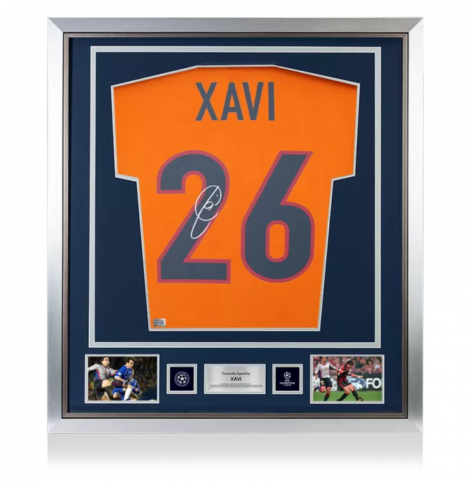 Xavi Official UEFA Champions League Back Signed and Framed FC Barcelona 1998-00 Third Shirt