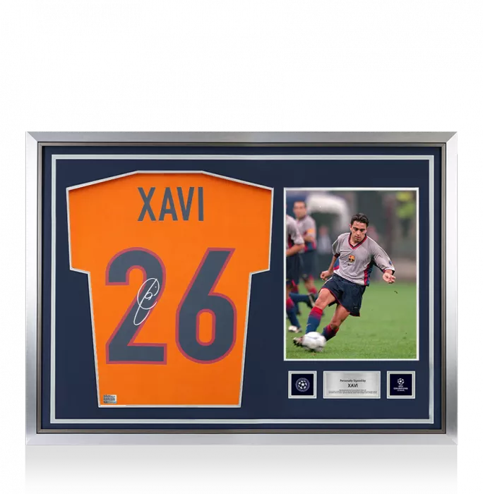 Xavi Official UEFA Champions League Back Signed and Hero Framed FC Barcelona 1998-00 Third Shirt