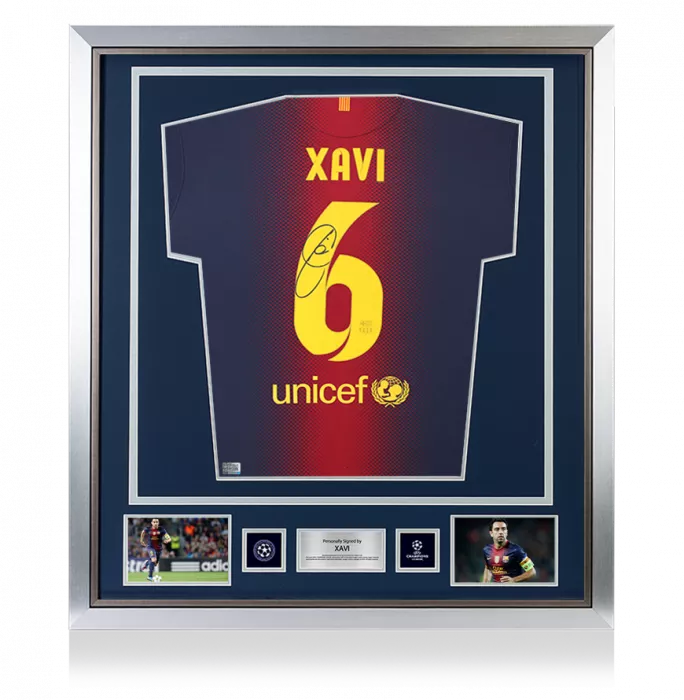 Xavi Official UEFA Champions League Back Signed and Framed FC Barcelona 2012-13 Home Shirt