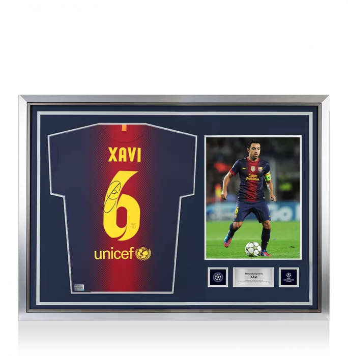 Xavi Official UEFA Champions League Back Signed and Hero Framed FC Barcelona 2012-13 Home Shirt