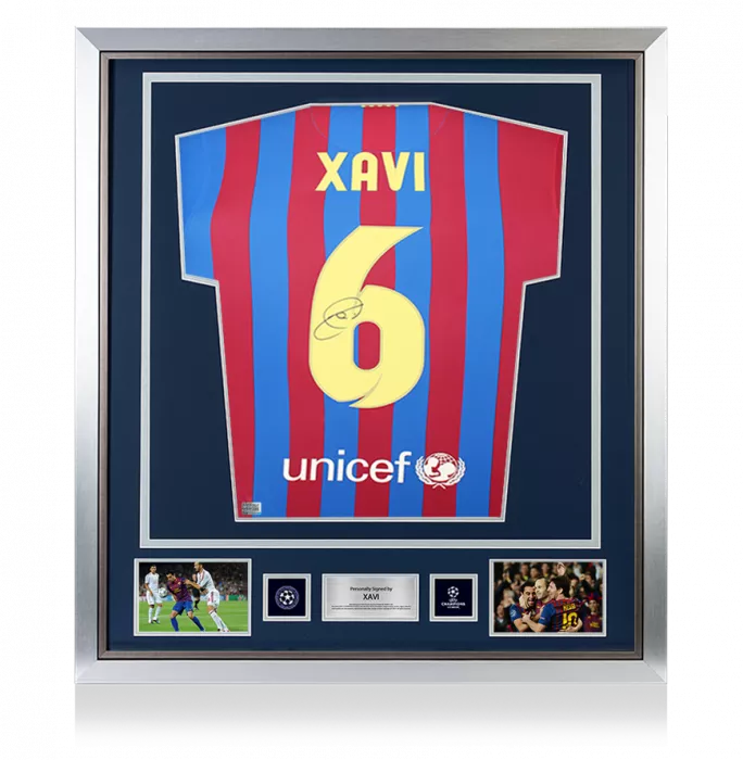 Xavi Official UEFA Champions League Back Signed and Framed FC Barcelona 2021-22 Home Shirt with Fan Style Number