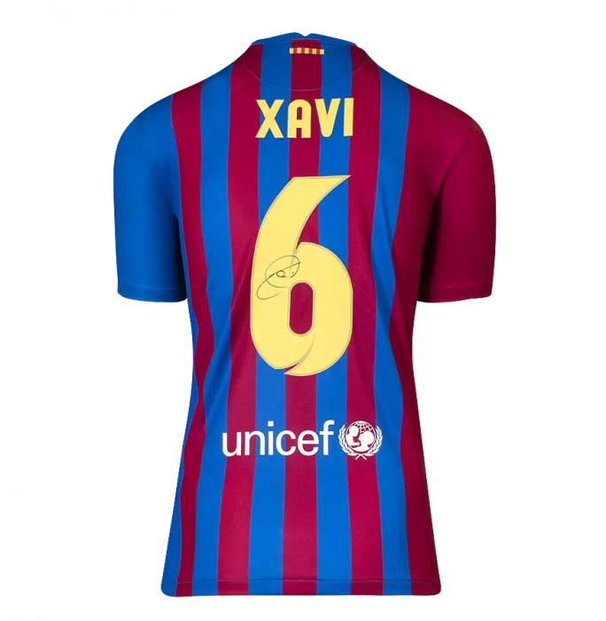 Xavi Official UEFA Champions League Back Signed And Hero Framed FC Barcelona 2021-22 Home Shirt With Fan Style Number