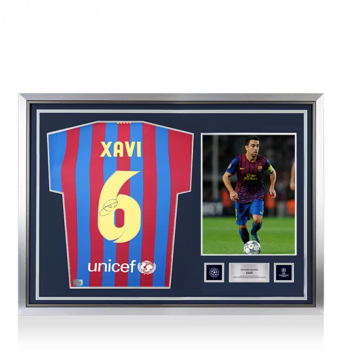 Xavi Official UEFA Champions League Back Signed and Hero Framed FC Barcelona 2021-22 Home Shirt with Fan Style Number