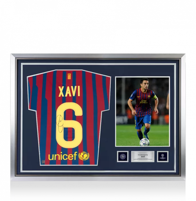 Xavi Official UEFA Champions League Back Signed and Hero Framed FC Barcelona 2011-12 Home Shirt With Fan Style Number