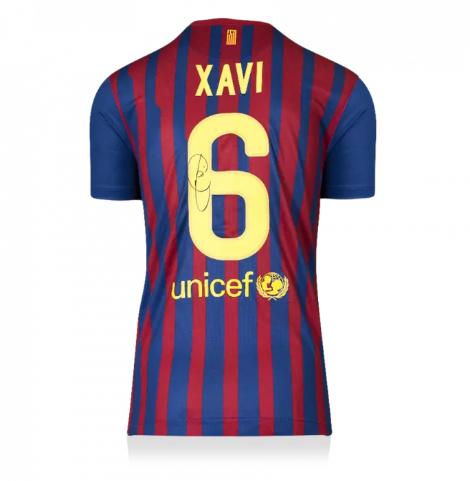 Xavi Official UEFA Champions League Back Signed And Framed FC Barcelona 2011-12 Home Shirt With Fan Style Number