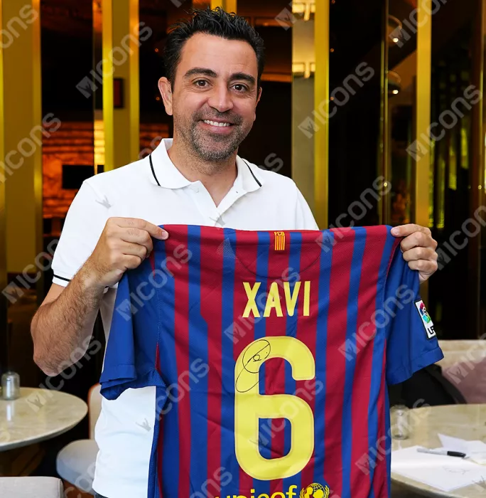Xavi Official UEFA Champions League Back Signed And Framed FC Barcelona 2011-12 Home Shirt With Fan Style Number