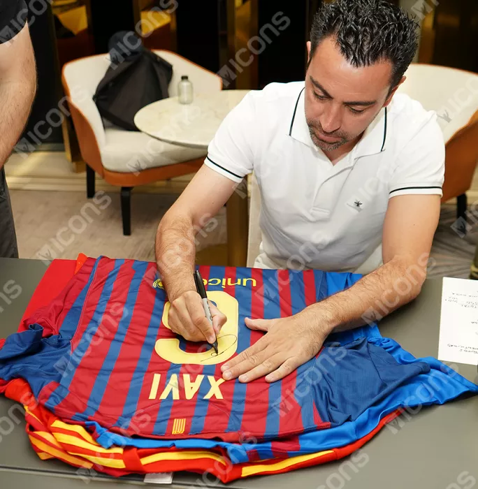 Xavi Official UEFA Champions League Back Signed And Framed FC Barcelona 2011-12 Home Shirt With Fan Style Number