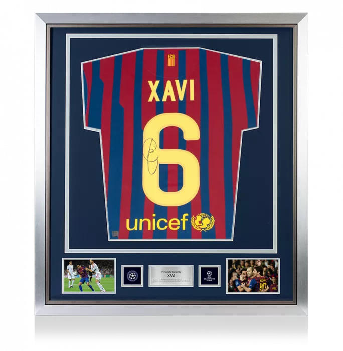 Xavi Official UEFA Champions League Back Signed and Framed FC Barcelona 2011-12 Home Shirt With Fan Style Number