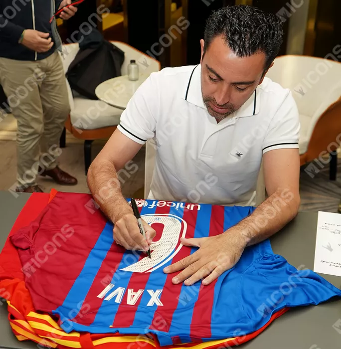 Xavi Official UEFA Champions League Back Signed And Framed FC Barcelona 2021-22 Home Shirt