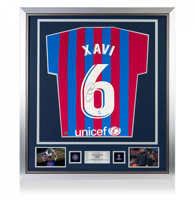 Xavi Official UEFA Champions League Back Signed and Framed FC Barcelona 2021-22 Home Shirt