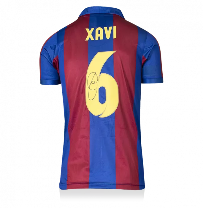 Xavi Official UEFA Champions League Back Signed And Hero Framed Retro FC Barcelona Home Shirt With Fan Style Number
