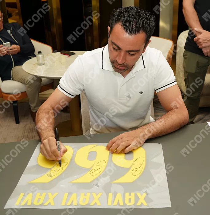 Xavi Official UEFA Champions League Back Signed And Hero Framed Retro FC Barcelona Home Shirt With Fan Style Number