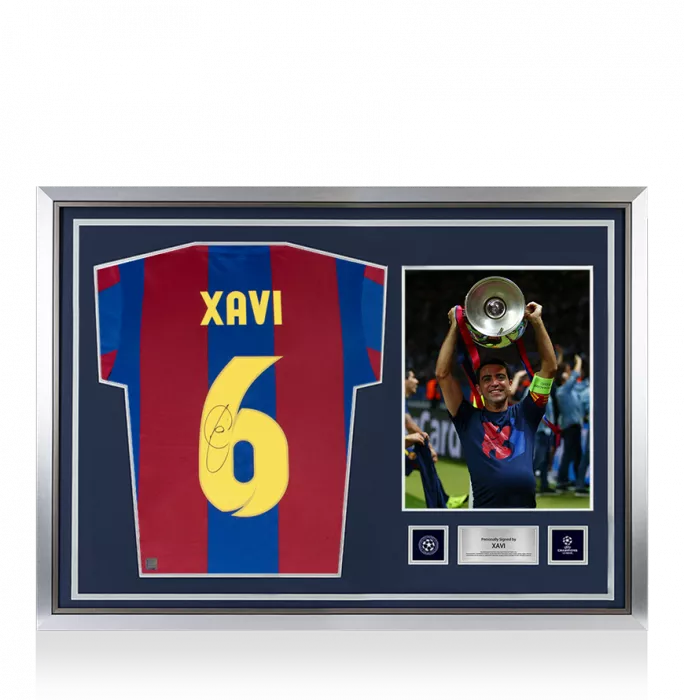 Xavi Official UEFA Champions League Back Signed and Hero Framed Retro FC Barcelona Home Shirt With Fan Style Number